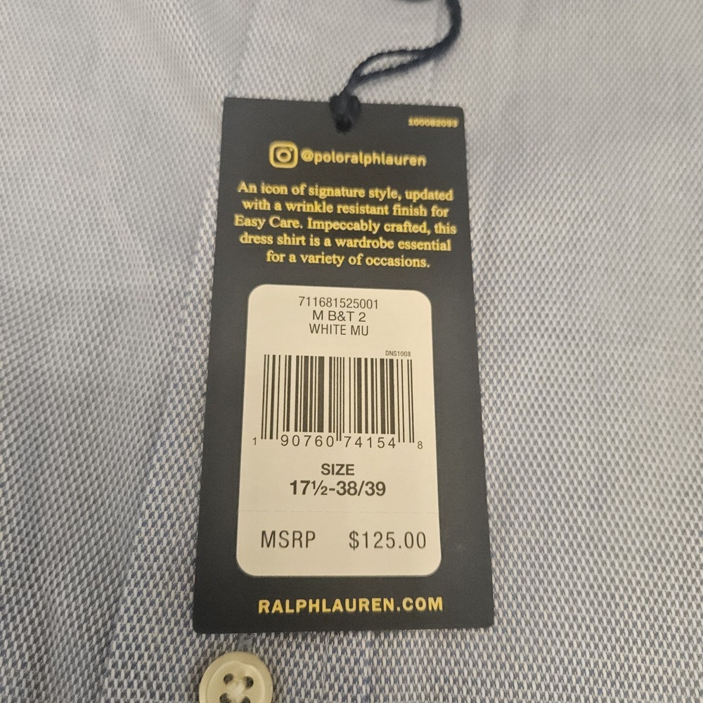 Polo Ralph Lauren Dress Shirt Regular Fit 17.5 38/39 Blue White Button Up NWT - Picture 2 of 7